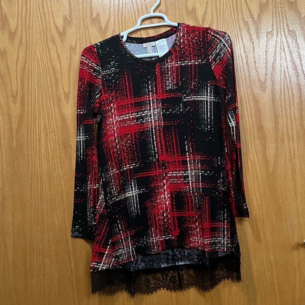 LOGO Scoop Neck Lace Fringe Long Sleeve Top